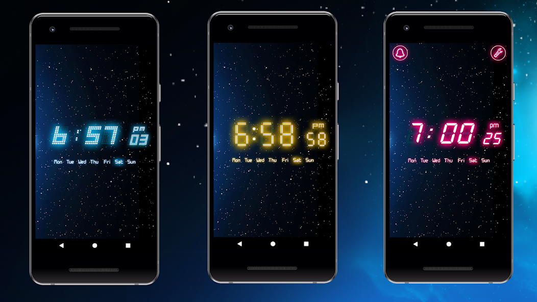 Alarm Clock Neon with cyan, yellow and pink digital clock styles on Android phones