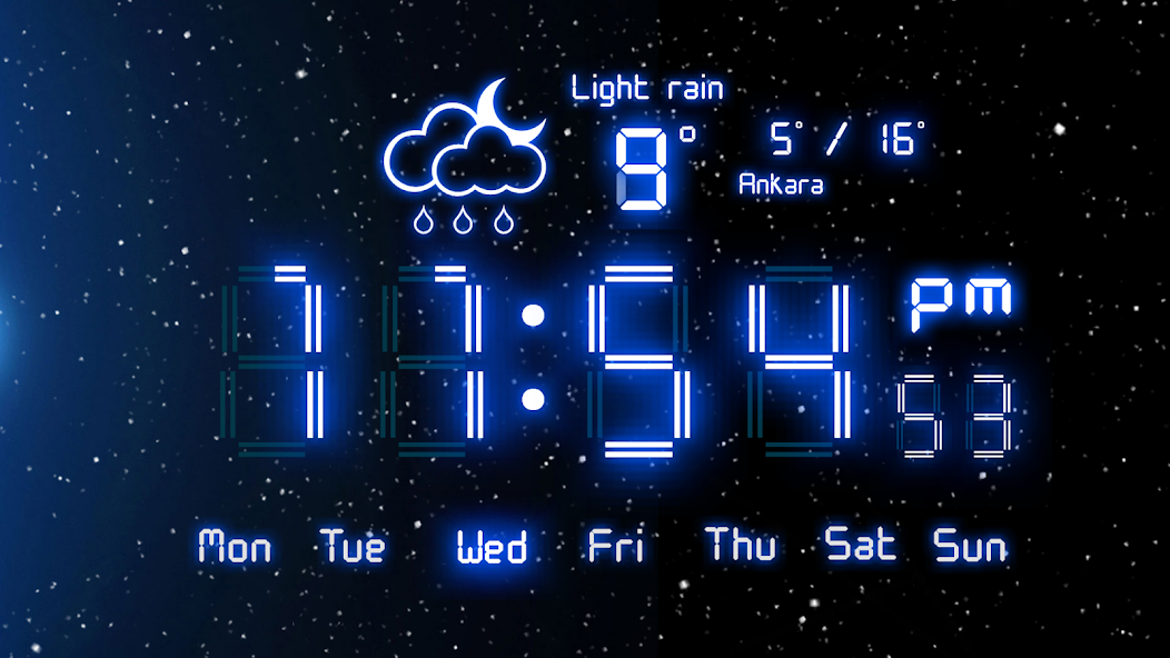 Digital Alarm Clock showing a blue LED clock, weather and day of the week on a starry background